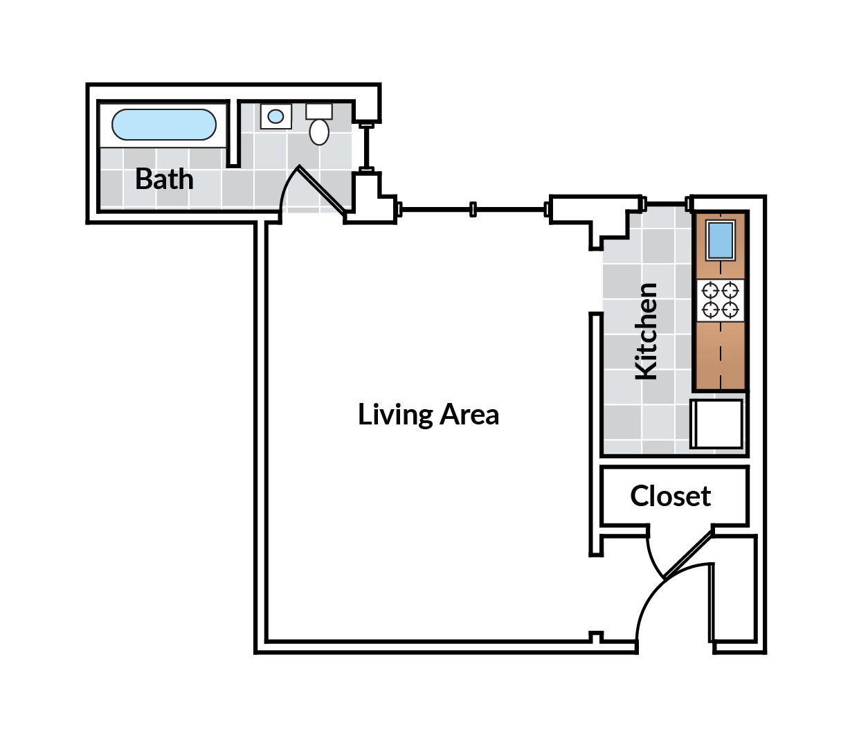 Floor plan for studio, 1 bath, 385 sqft